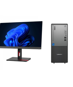 ORDINATEUR BUREAU LENOVO THINKCENTRE NEO 50T G5 TOWER VUE DE FACE AVEC MONITEUR