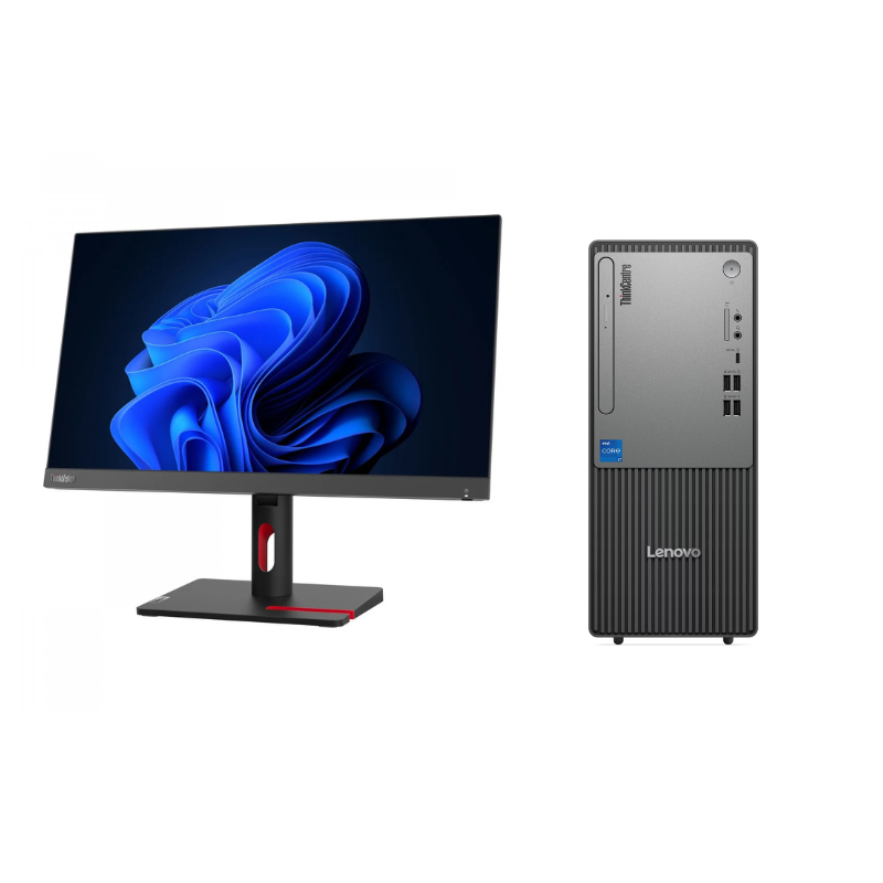 ORDINATEUR BUREAU LENOVO THINKCENTRE NEO 50T G5 TOWER VUE DE FACE AVEC MONITEUR